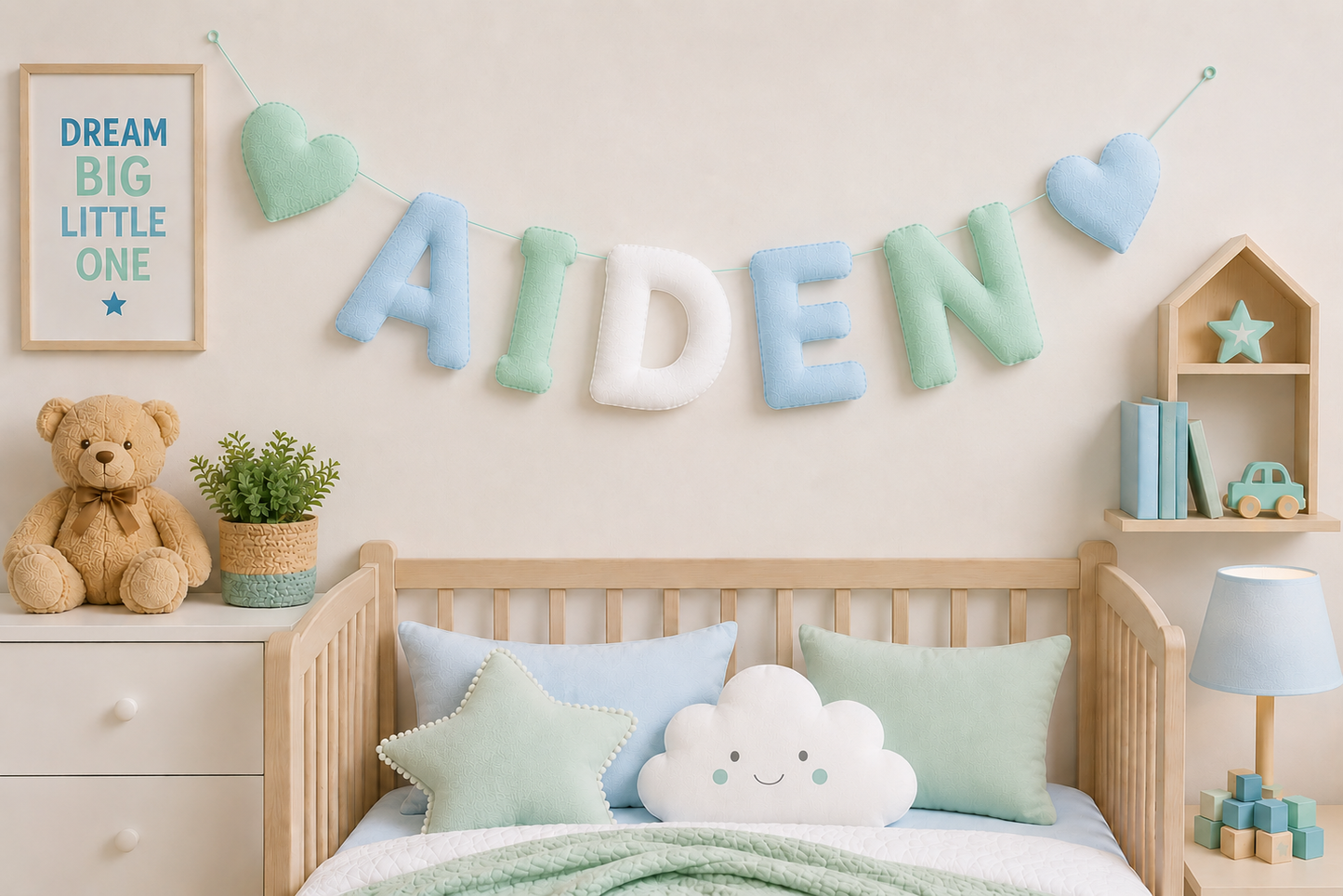 Children's bedroom with crib, teddy bear, and decorative name bunting spelling 'AIDEN' on the wall.