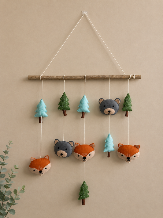 Handmade woodland wall hanging with fox, trees from pebbles and patches Dubai