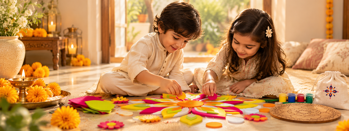 A young boy and girl sitting on the floor together, creating a colorful flower arrangement with decorative paper petals, marigold flowers, and traditional Indian festive decor in a warmly lit room.