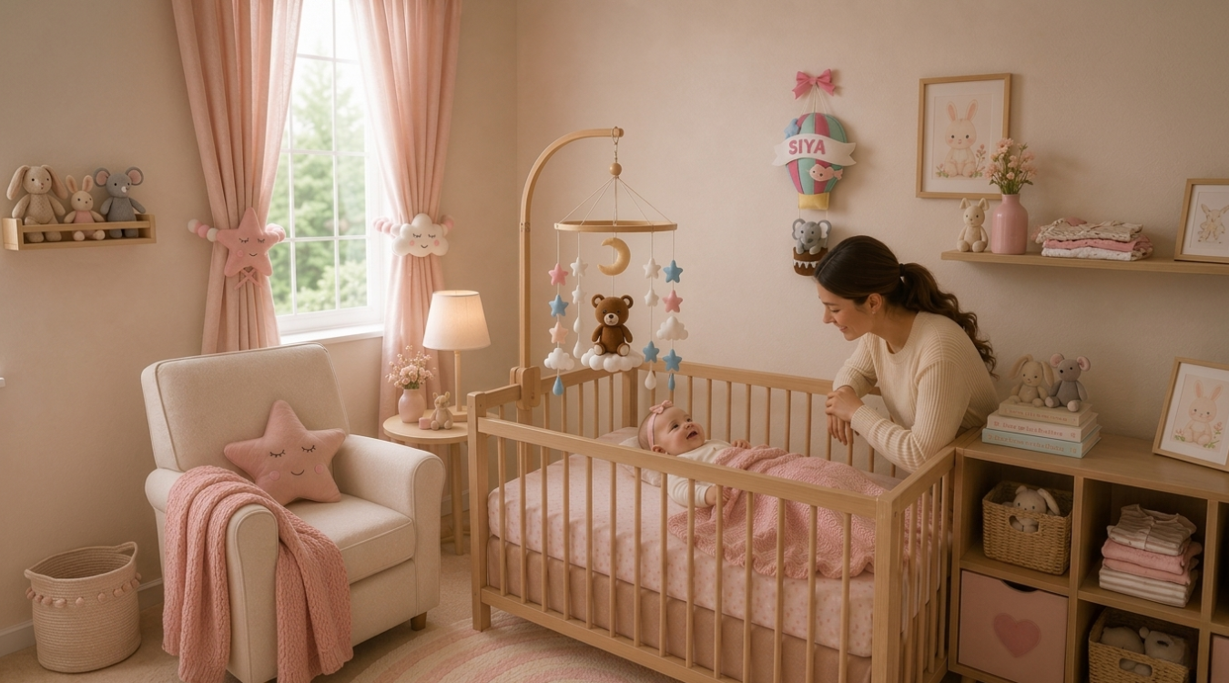 Nursery room with crib, chair, and decor elements.