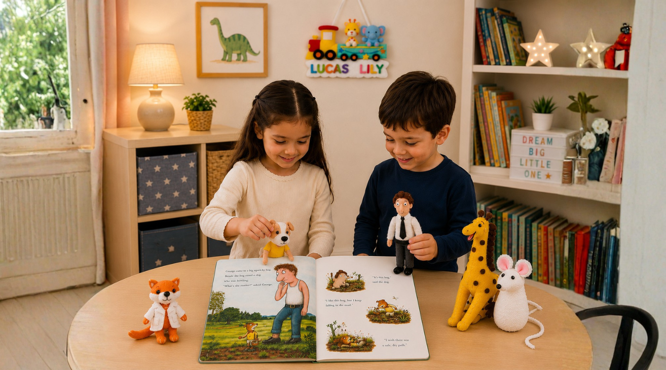 Two children playing with felt toys of a story box and with a book in a room with name/wall hanging shelves and plants.