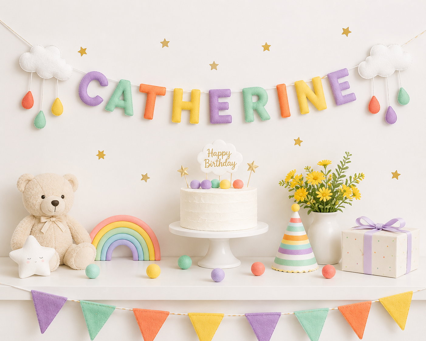 Birthday celebration setup name garland with colorful decorations, cake, and teddy bear on a white shelf.