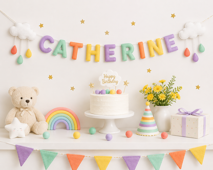 Birthday celebration setup name garland with colorful decorations, cake, and teddy bear on a white shelf.