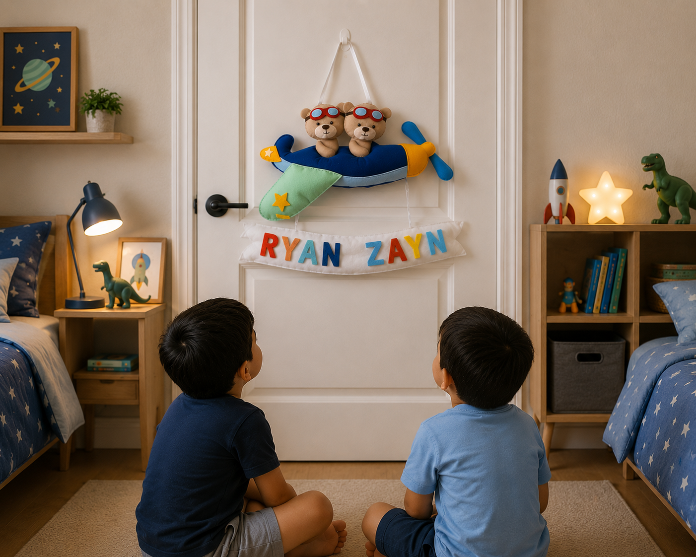 Two children sitting on the floor in a bedroom looking at a door with teddy bears and colorful letters.