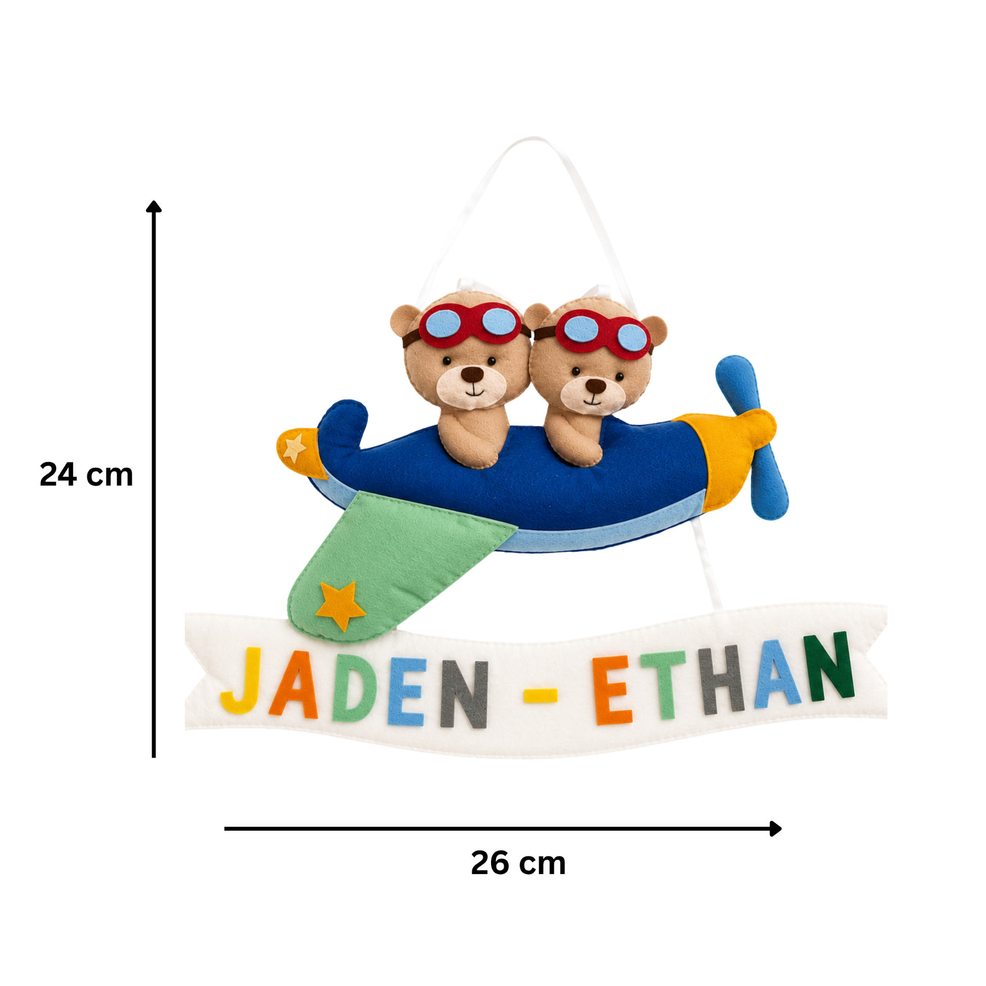 Plush airplane with teddy bears and a nameplate labeled 'Jaden Ethan' on a white background.