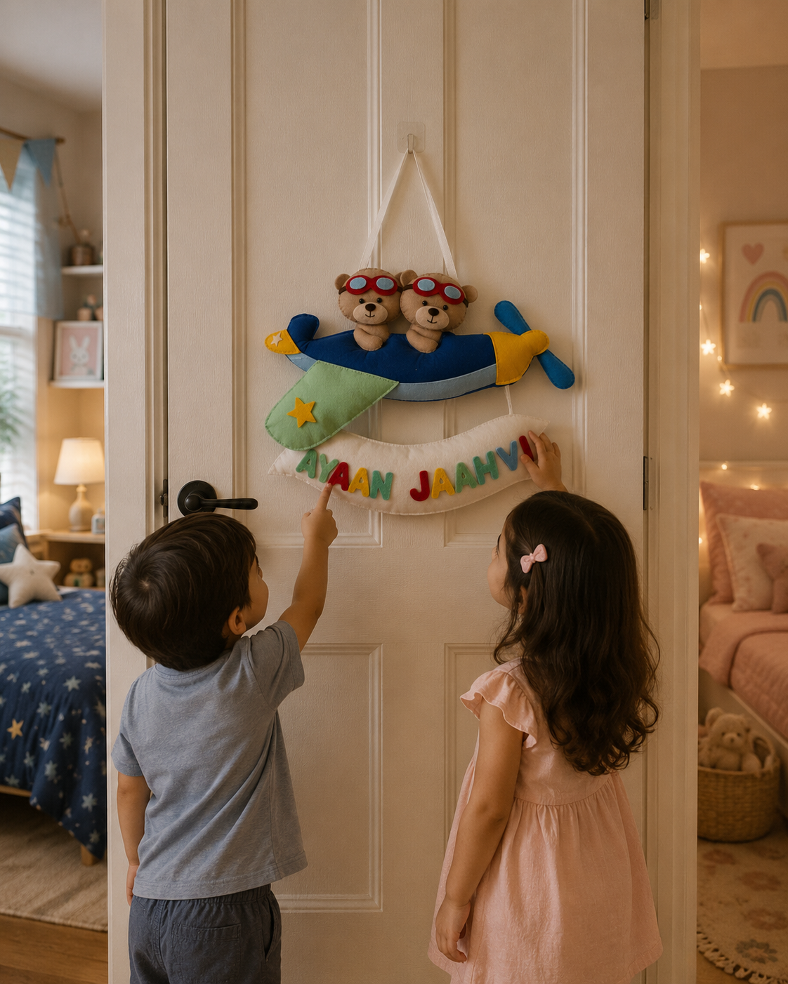 Two children interacting with a decorative wall hanging featuring teddy bears and colorful letters.