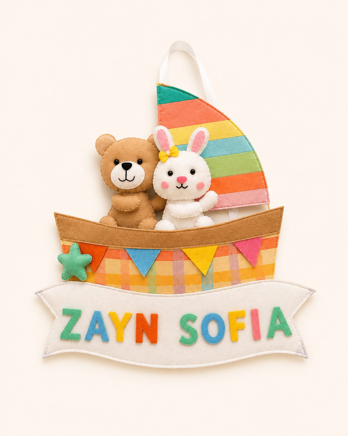 Colorful sailboat felt toy with teddy bear and rabbit, personalized with 'ZAYN SOFIA'.