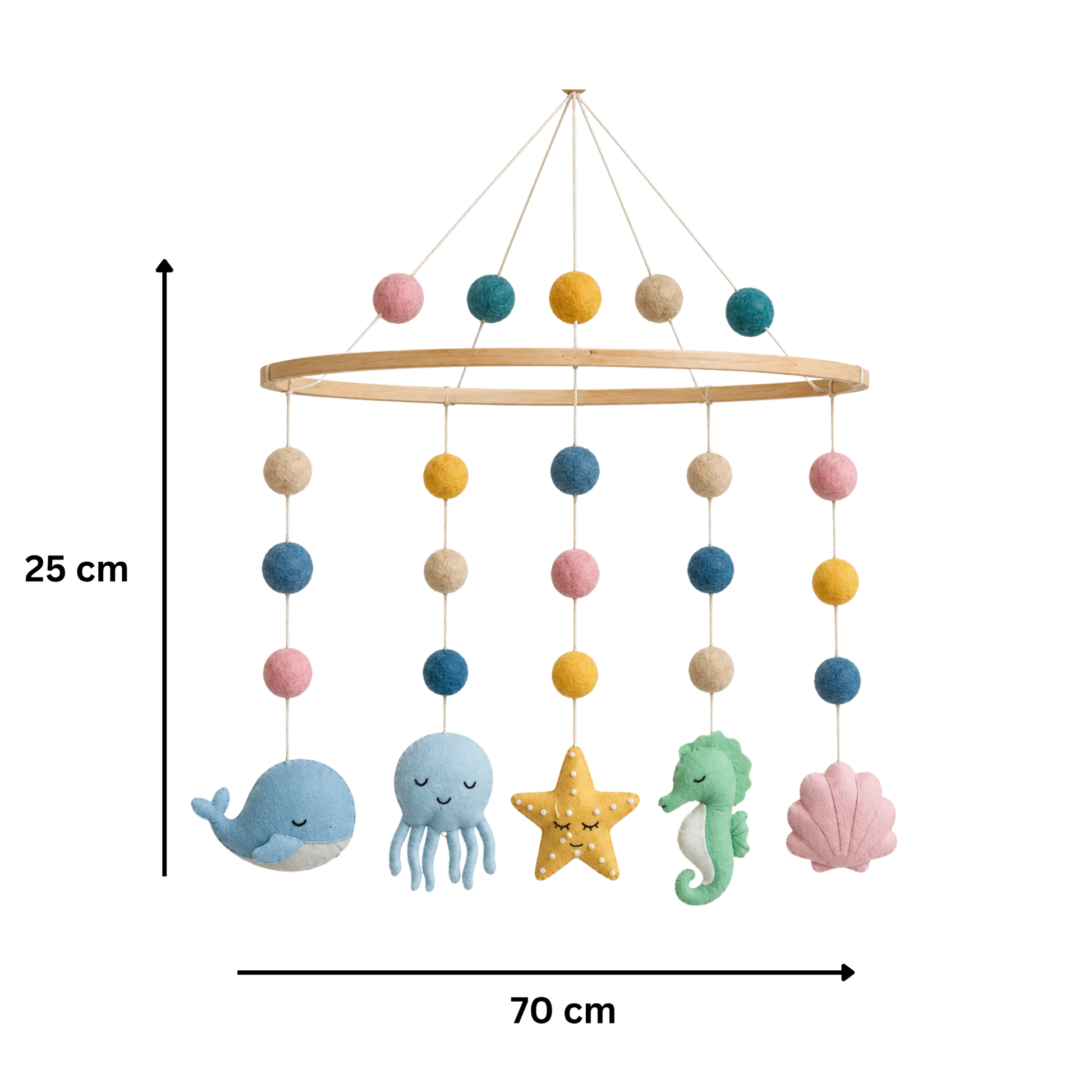 Colorful baby mobile with sea-themed characters and dimensions on a white background