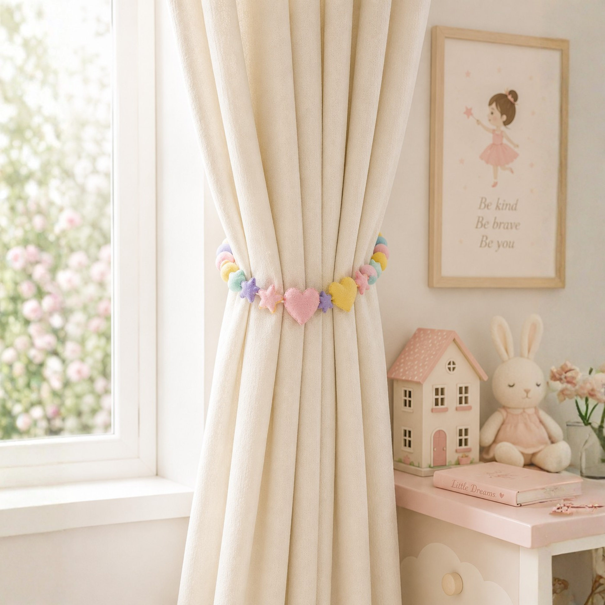 Beige curtain with colorful heart-shaped tiebacks in a child's room.