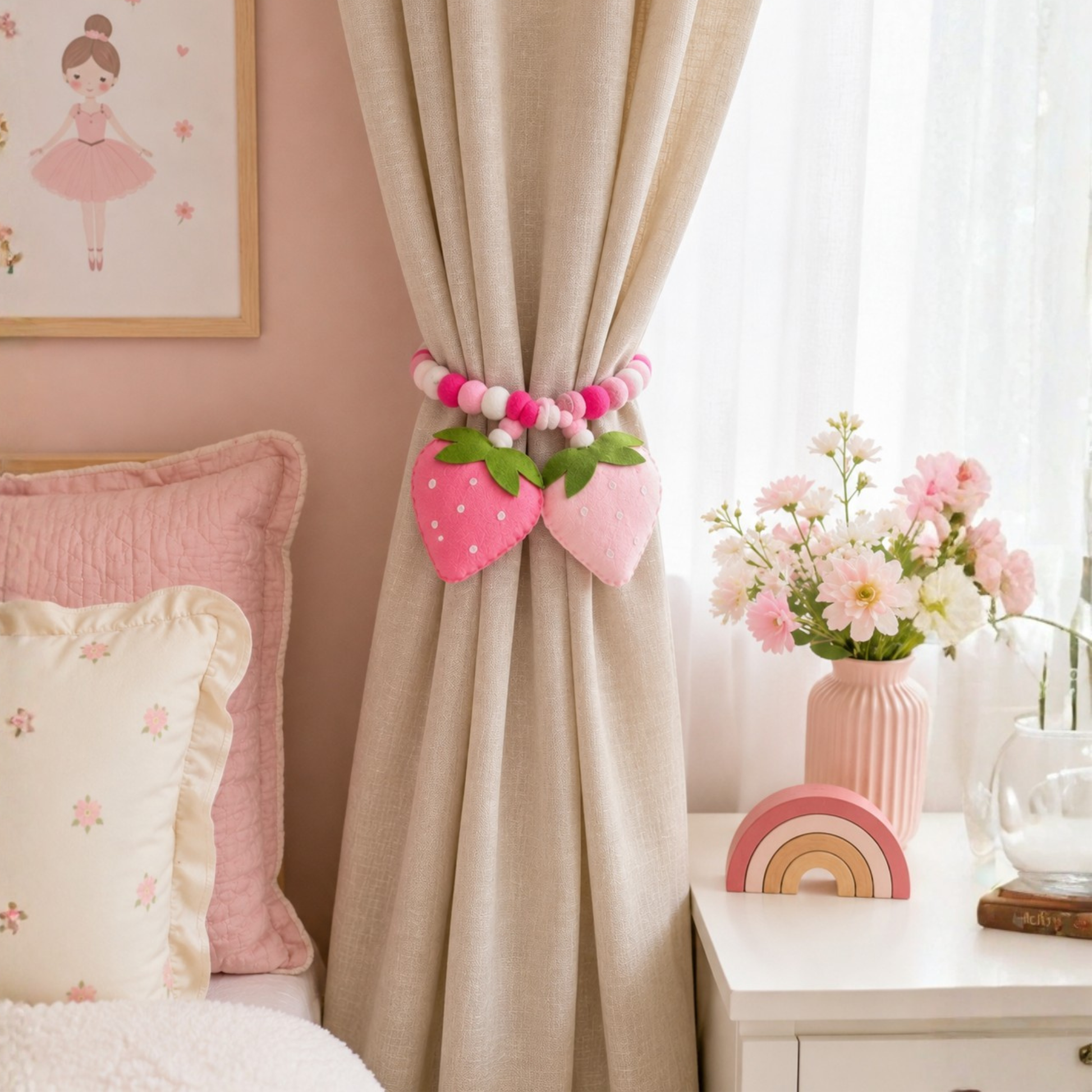 Decorative pink strawberry curtain tiebacks in a child's bedroom with floral arrangement and pillows.