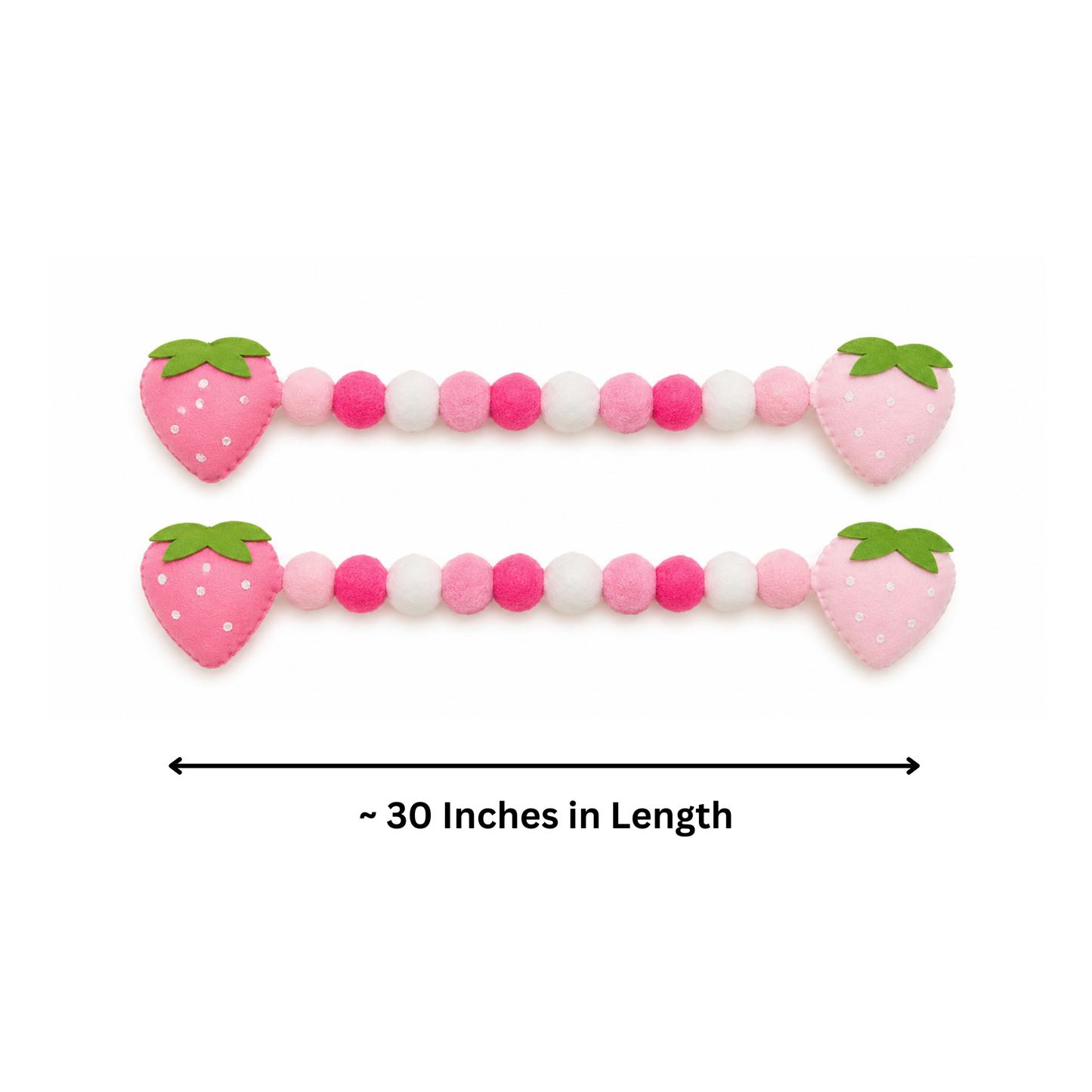 Strawberry-themed teething necklace with measurement label on a white background