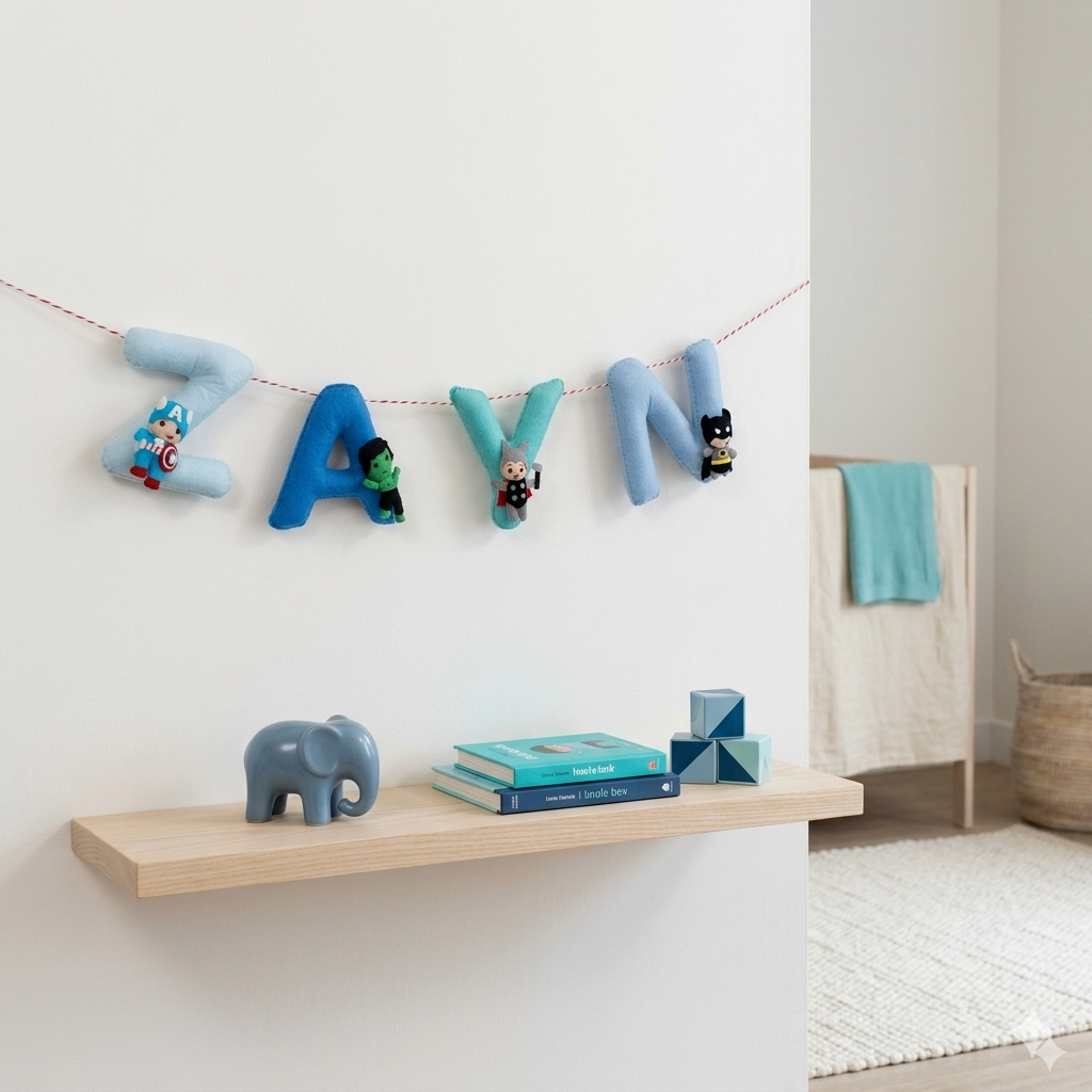 Children's room with decorative name bunting, shelf with books and toys, and bed with blue blanket.