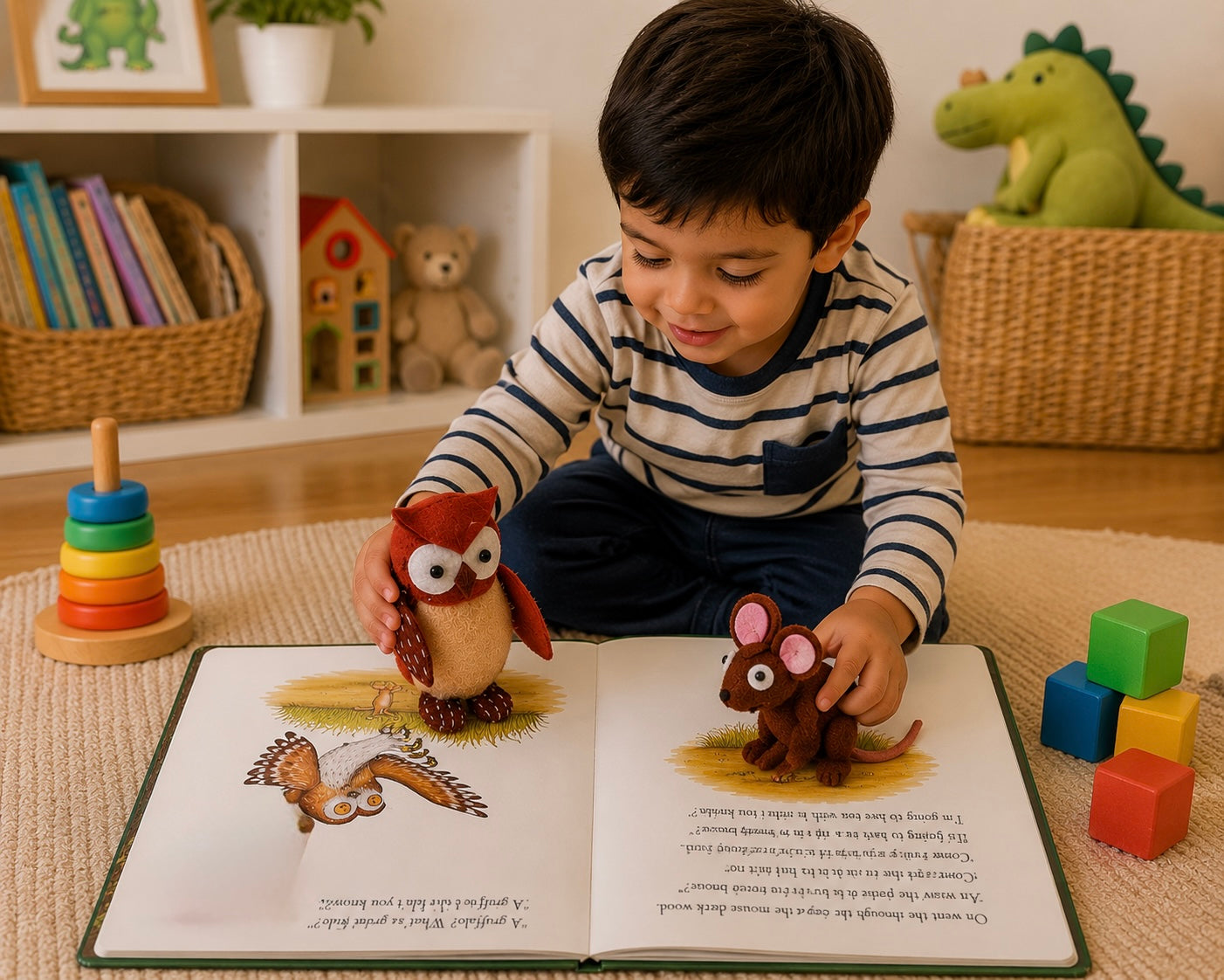 Child playing with animal figurines on a book in a room with toys and books.
