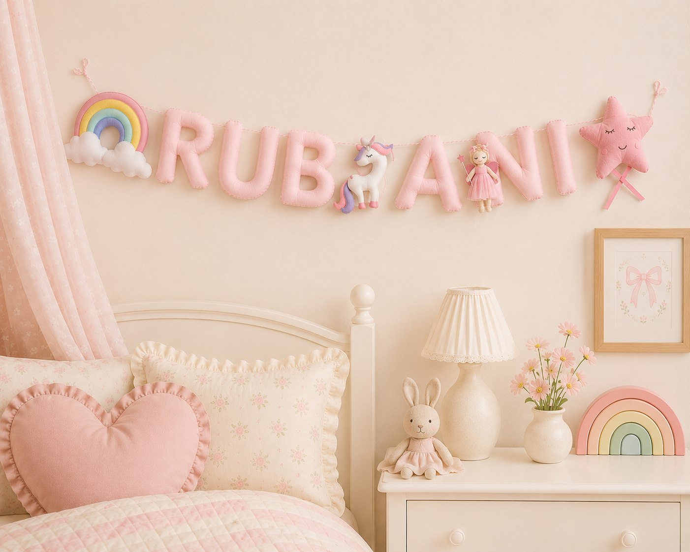 Children's bedroom with personalized name garland, decorative pillows, and nightstand with lamp and toys.