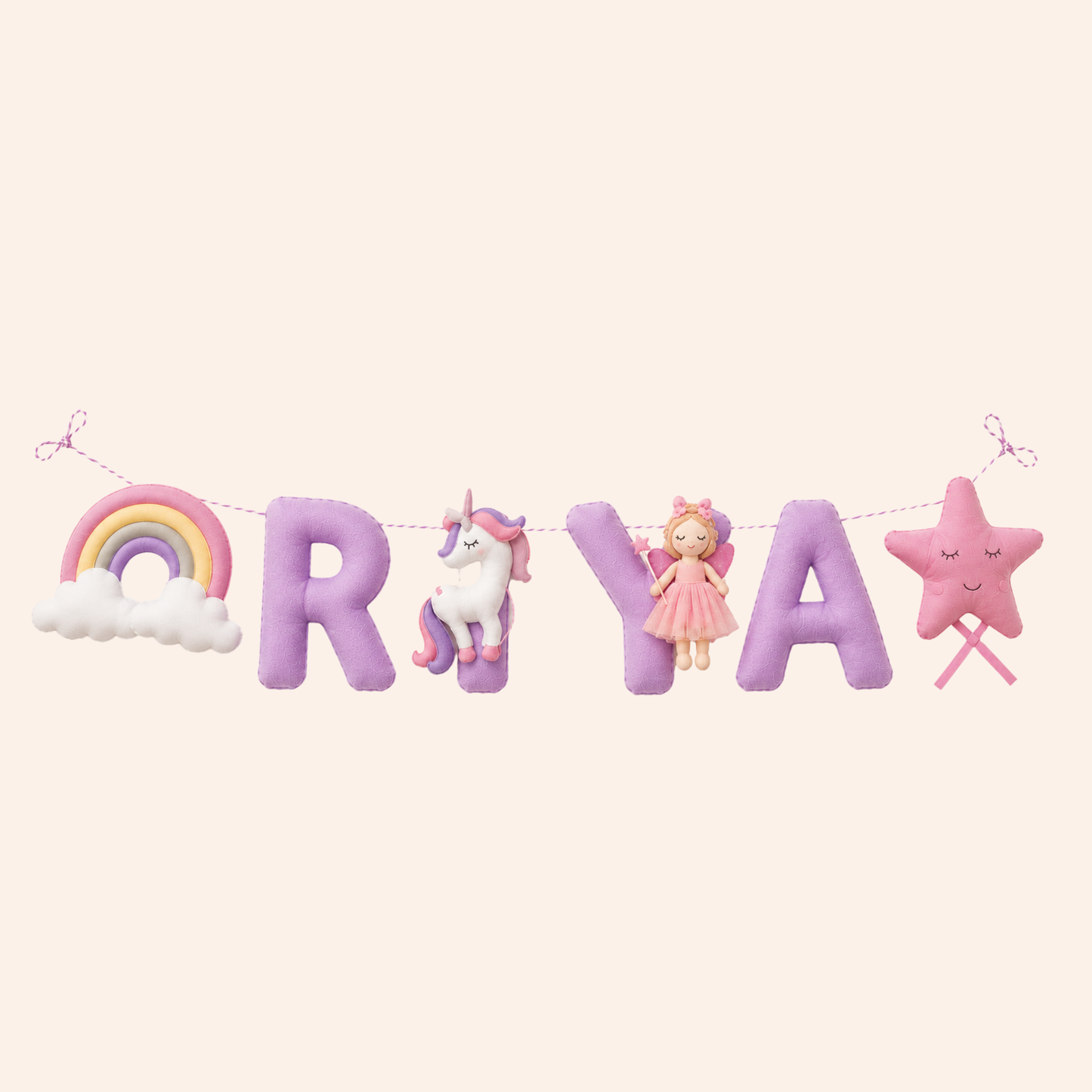 Decorative name bunting with colorful letters spelling 'ORIA' on a light pink background.
