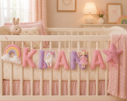 Name garland with decorative letters spelling 'KIANA' in a nursery setting.