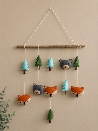 Handmade woodland wall hanging with fox, trees from pebbles and patches Dubai