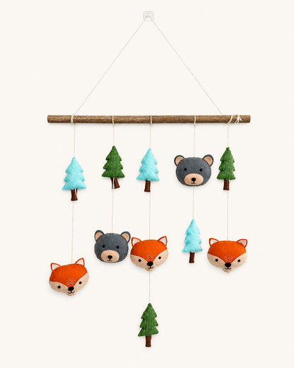 Handmade woodland wall hanging with fox, trees from pebbles and patches Dubai