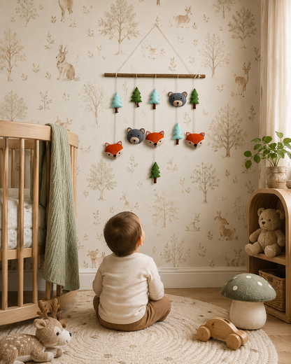 Handmade woodland wall hanging with fox, trees from pebbles and patches Dubai