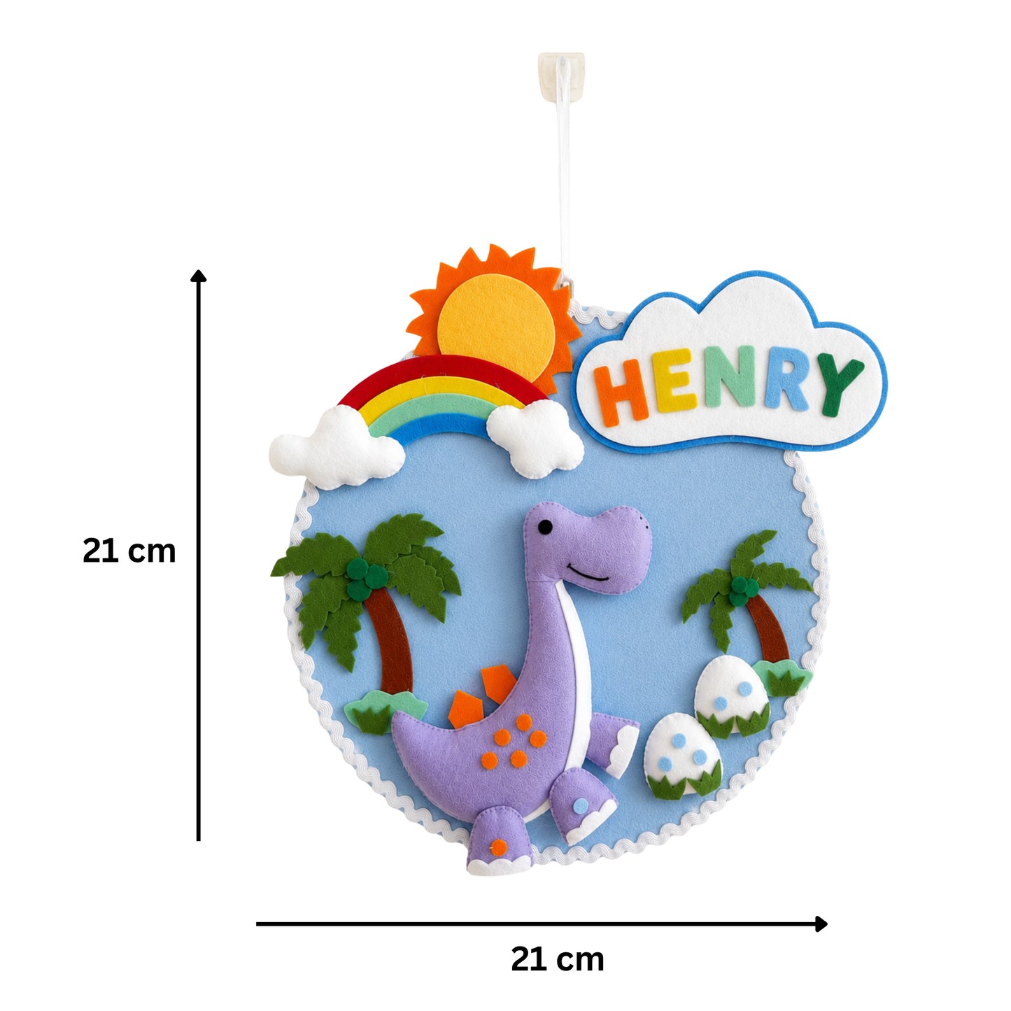 Children's decorative wall hanging with a dinosaur, rainbow, and palm trees, featuring the name 'HENRY'.