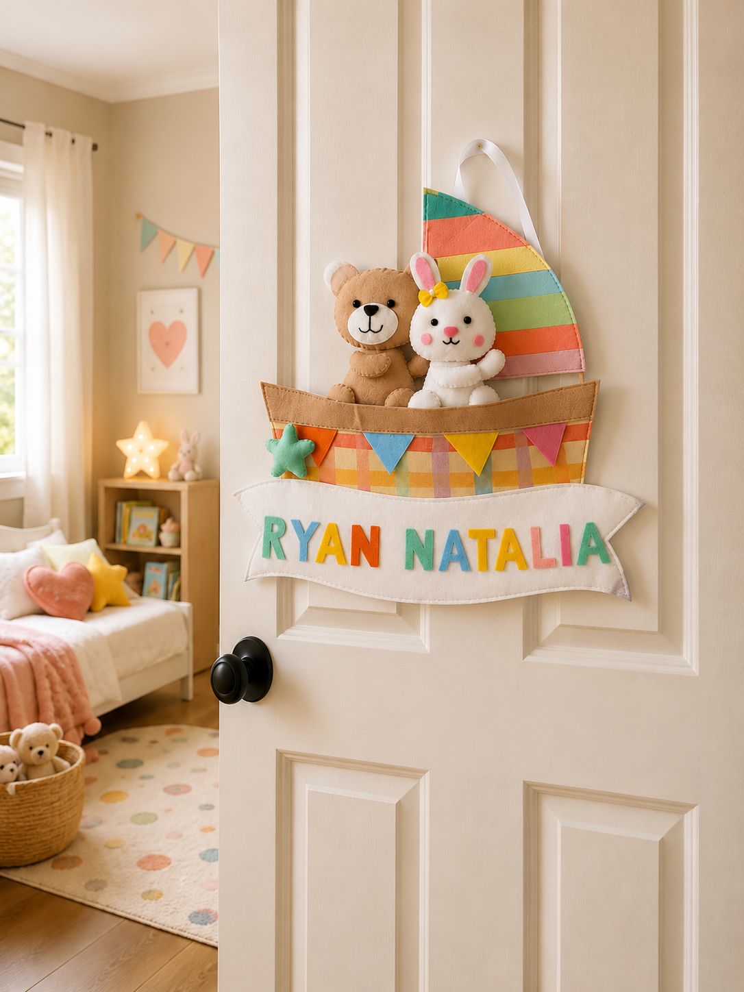 Colorful door decoration with teddy bear and rabbit plush toys, personalized name banner, in a child's room.