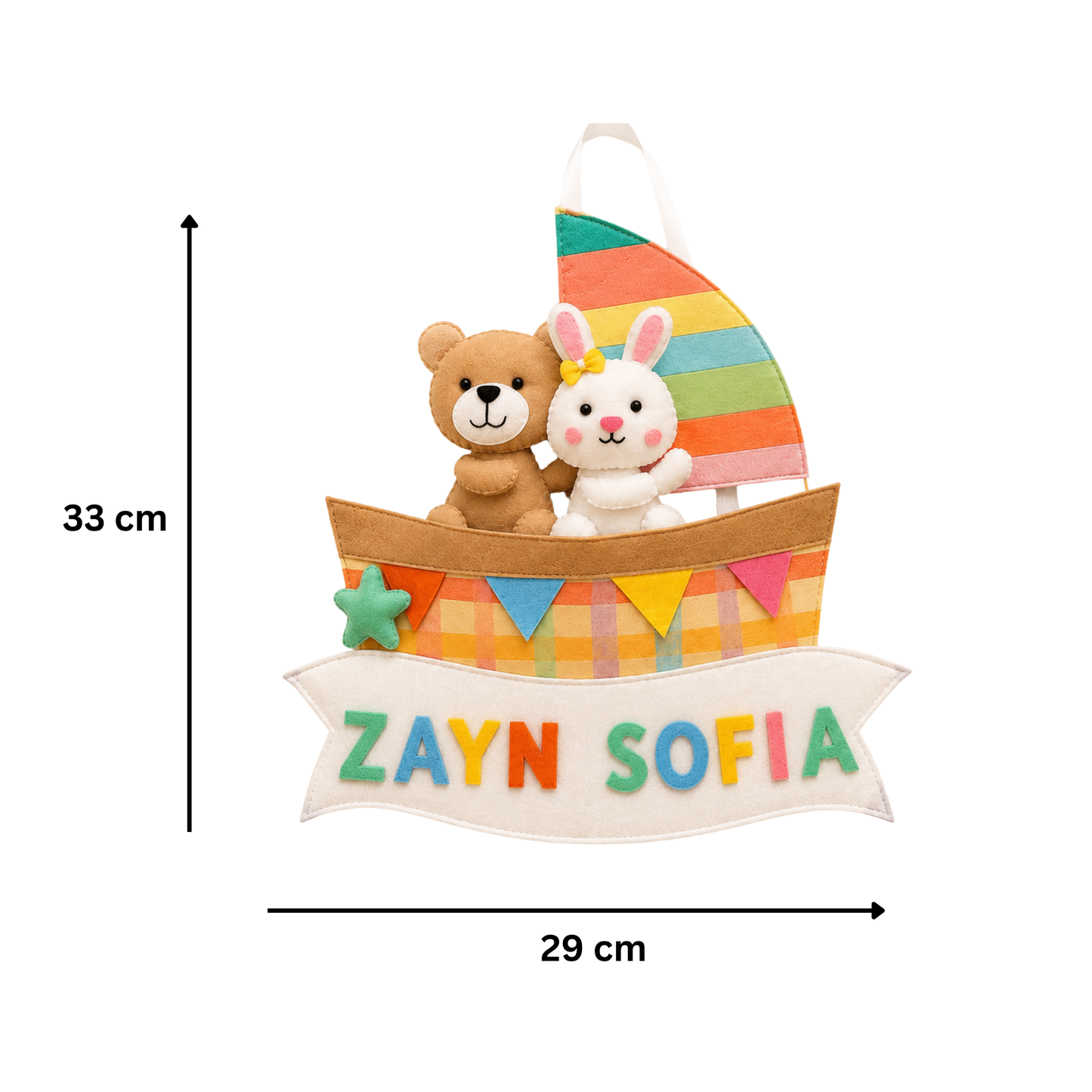 Decorative wall hanging with cartoon characters and colorful sail, featuring the names 'Zayn' and 'Sofia'.