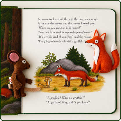 Illustrated book page with felt animals and a fox, mouse, and gruffalo characters.