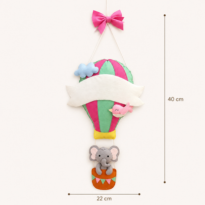 Felt pink hot air balloon personalised wall hanging with bow, cloud and dimensions