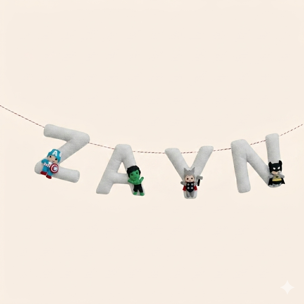 Personalized name bunting with superhero characters on a beige background