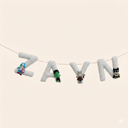 Personalized name bunting with superhero characters on a beige background