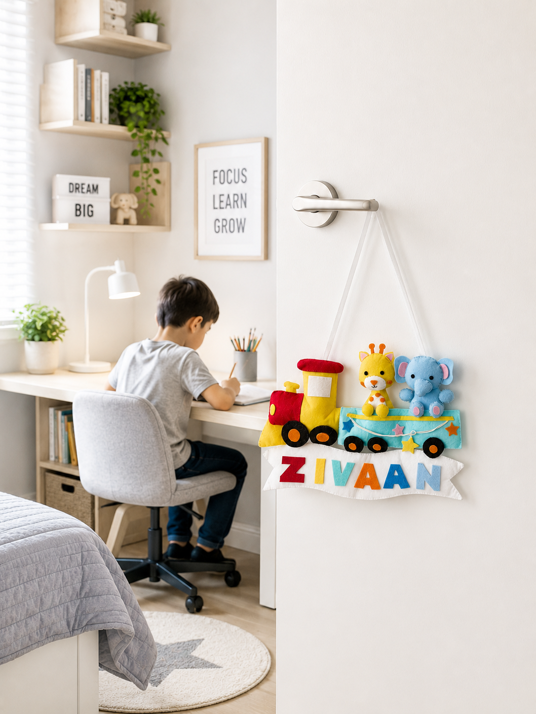 Child sitting at a desk in a room with toys and decor, including a nameplate.