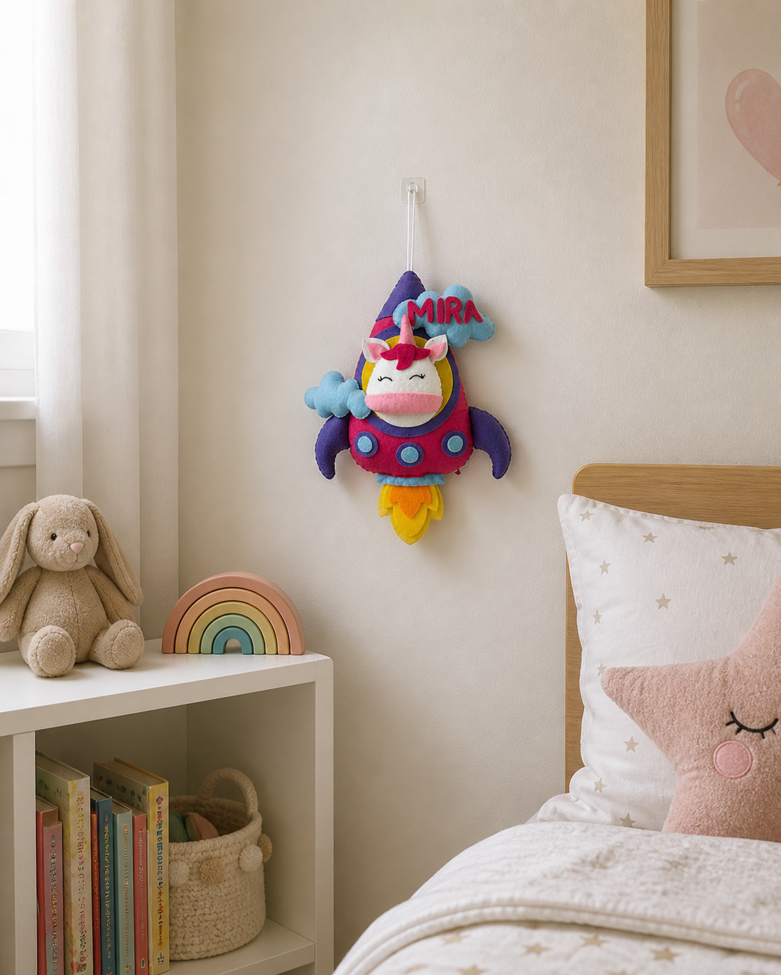 Children's room with a colorful plush toy, books, and a teddy bear.