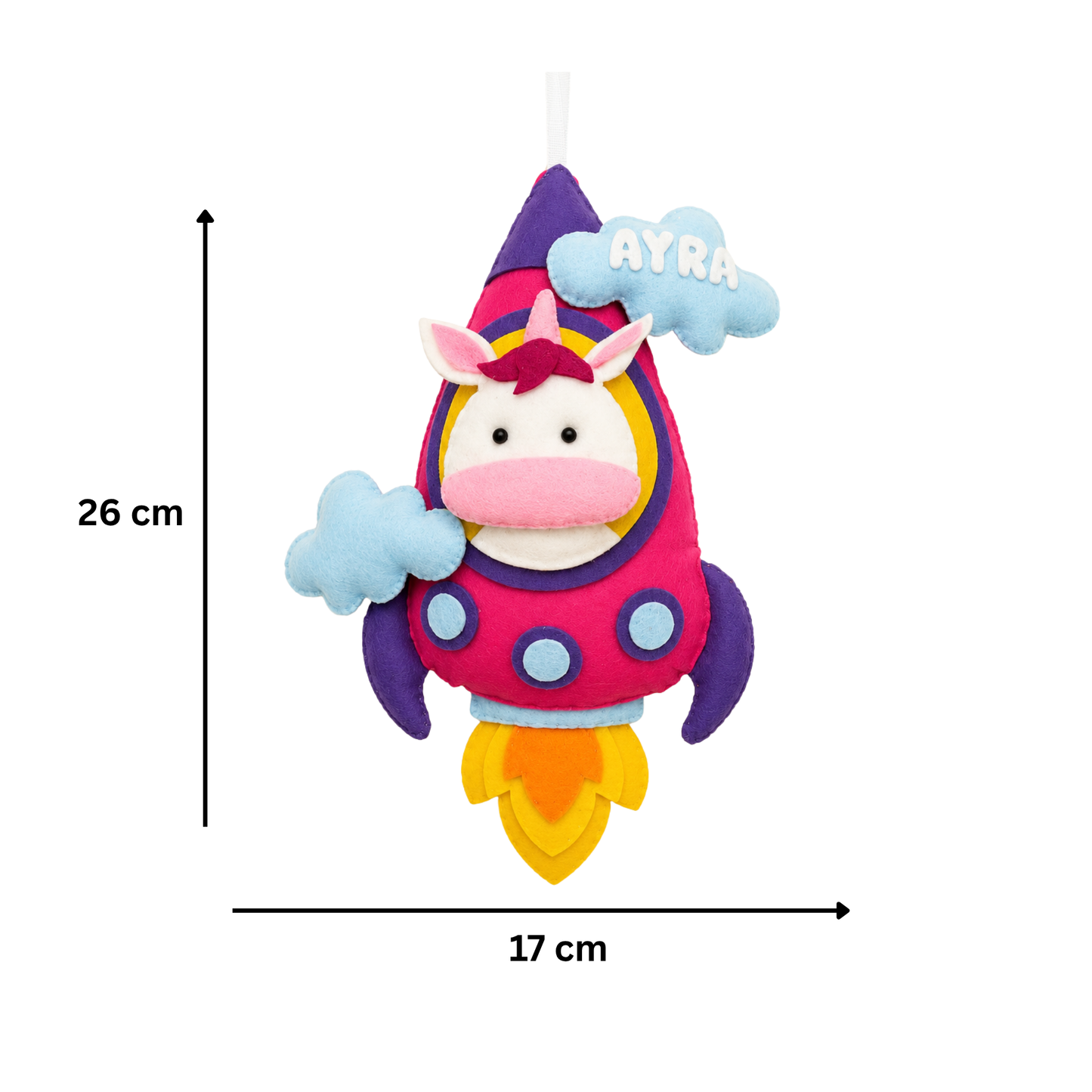 Colorful plush toy with dimensions labeled on a white background