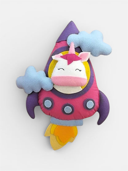 Colorful plush toy with a cartoon character on a white background